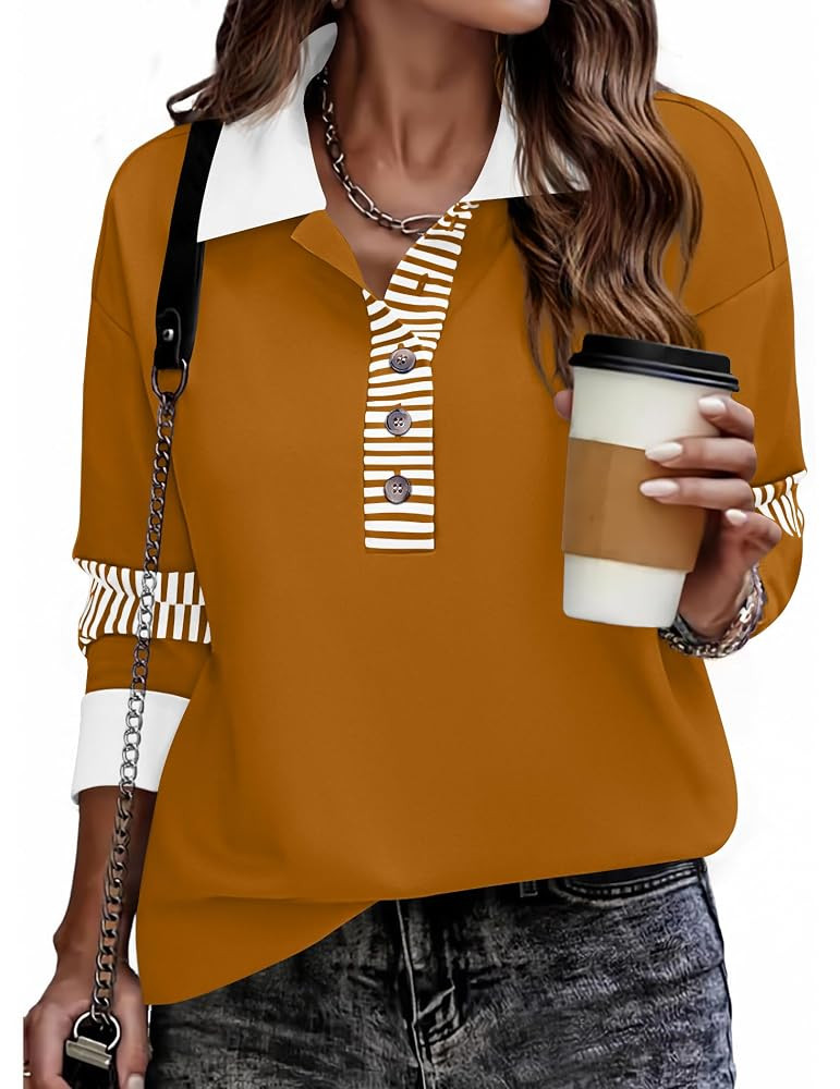 Zeagoo Womens Sweatshirt Henley V Neck Button Down Shirts Color Block Blouses Pullover 2025 Fall ... | Amazon (US)