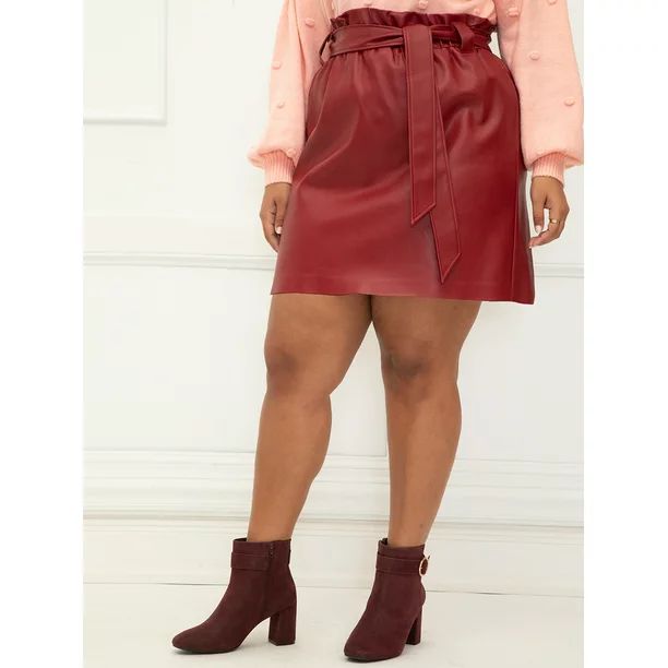 ELOQUII Elements Women's Plus Size Faux Leather Mini Skirt With Tie - Walmart.com | Walmart (US)