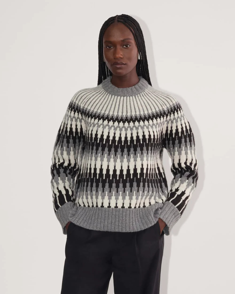 Everlane Fair Isle Crew In Grey/Black Fair Isle, Size XXL, Wool | Everlane