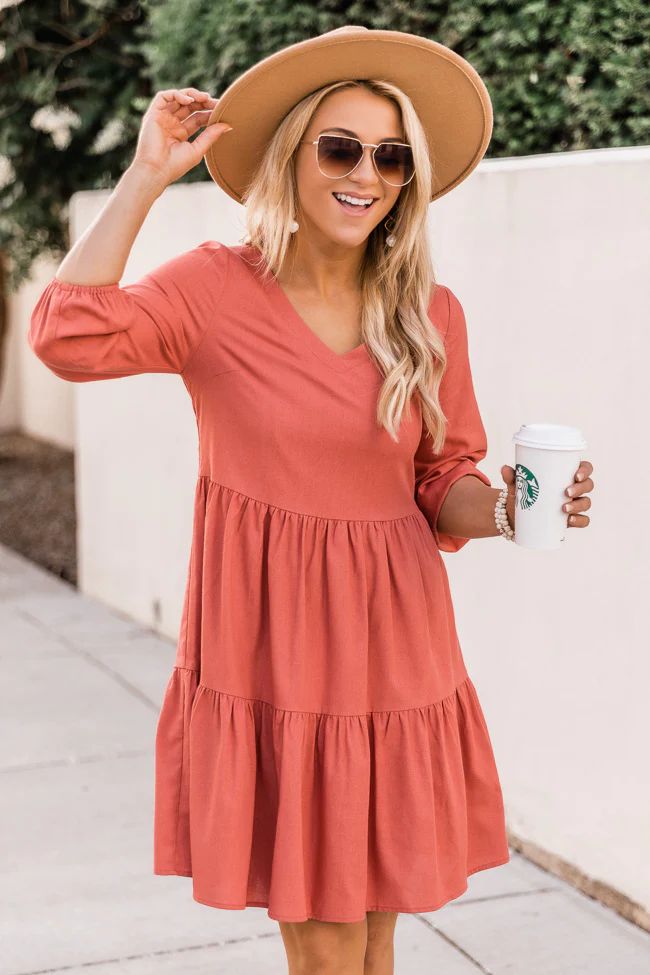 Not Mistaken Terracotta 3/4 Sleeve Babydoll Dress | The Pink Lily Boutique