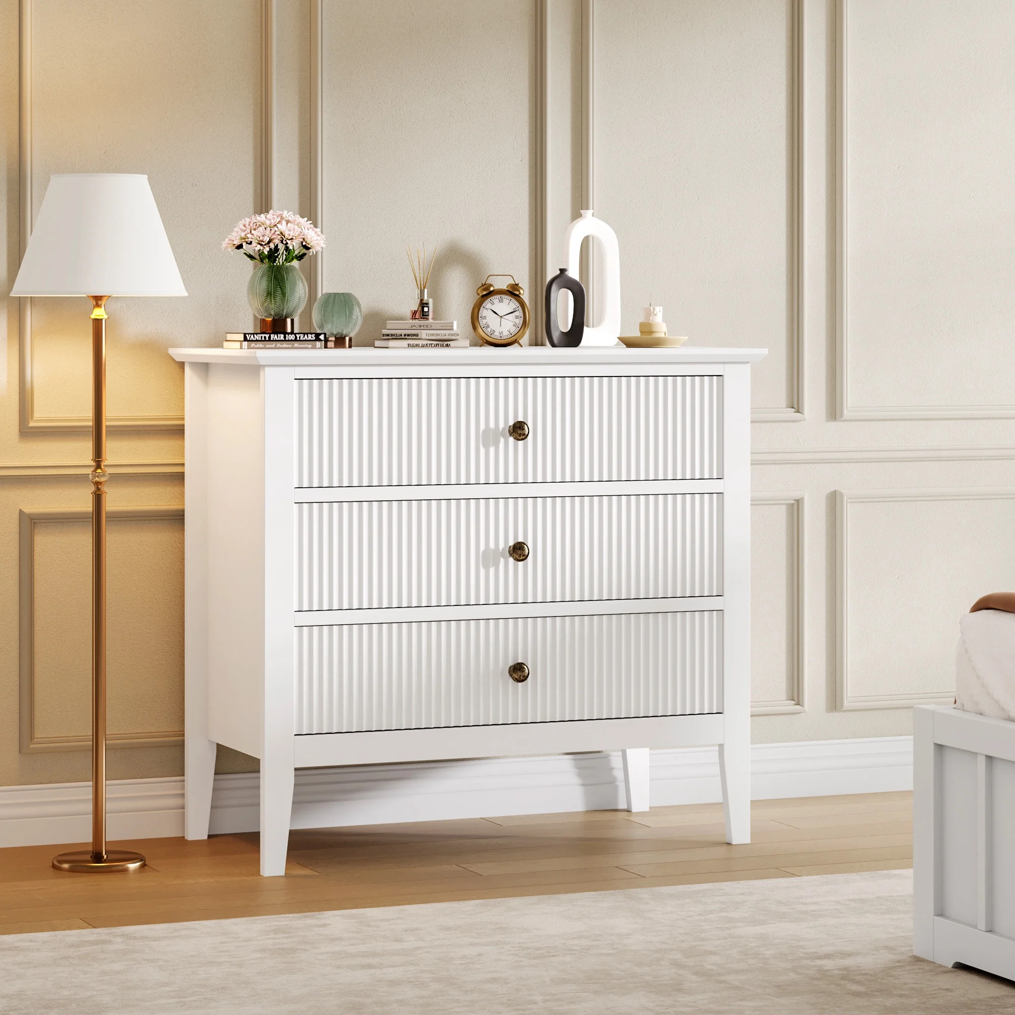 White Fluted 3 Drawer Dresser, 31.5 Inch Wide Dresser Nightstand for Bedroom, Modern Wood Chest o... | Walmart (CA)