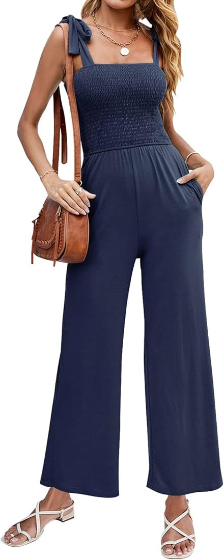 ZESICA Women's 2023 Summer Casual Spaghetti Strap Smocked High Waist Wide Leg Jumpsuit Romper | Amazon (US)