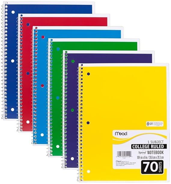 Mead Spiral Notebooks, 1 Subject, College Ruled Paper, 70 Sheets, 10-1/2" x 7-1/2", Assorted Colo... | Amazon (US)
