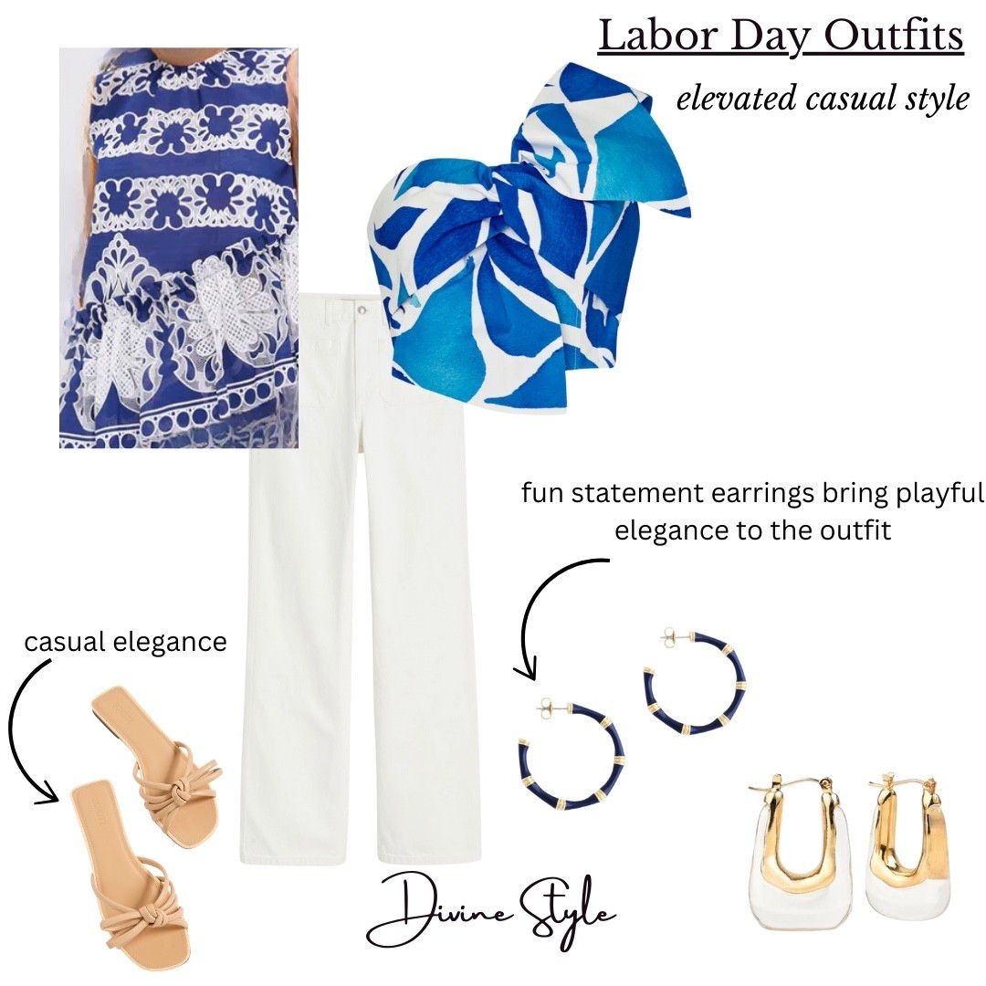 Casual chic or elevated casual outfit you can wear now and into fall, for Labor Day and beyond. White straight leg jeans, blue print top, layering with these fun jewelry pieces and sandals. #labordayoutfit

#LTKFindsUnder100 #LTKxMadewell #LTKShoeCrush