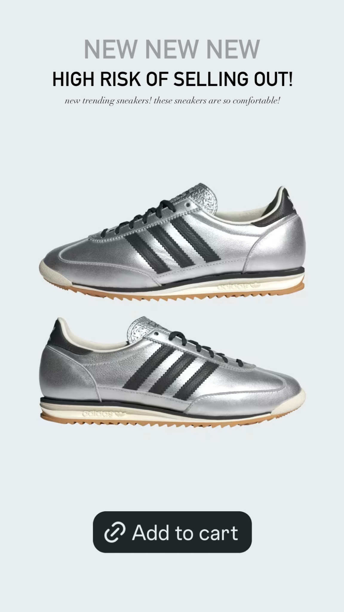 New Adidas SL 72 alert 🚨 High risk of selling out! Love these metallic sneakers! 🩶 So edgy and fun and will be a staple in your closet! Metallics are staying and going nowhere! These Adidas sneakers are so comfortable. Runs a full size too big. 

Adidas SL72, Adidas sneakers, silver shoes, metallic shoes, metallic sneakers, back to school, fall shoes, fall outfit, The Stylizt 



#LTKBacktoSchool #LTKShoeCrush #LTKFindsUnder100