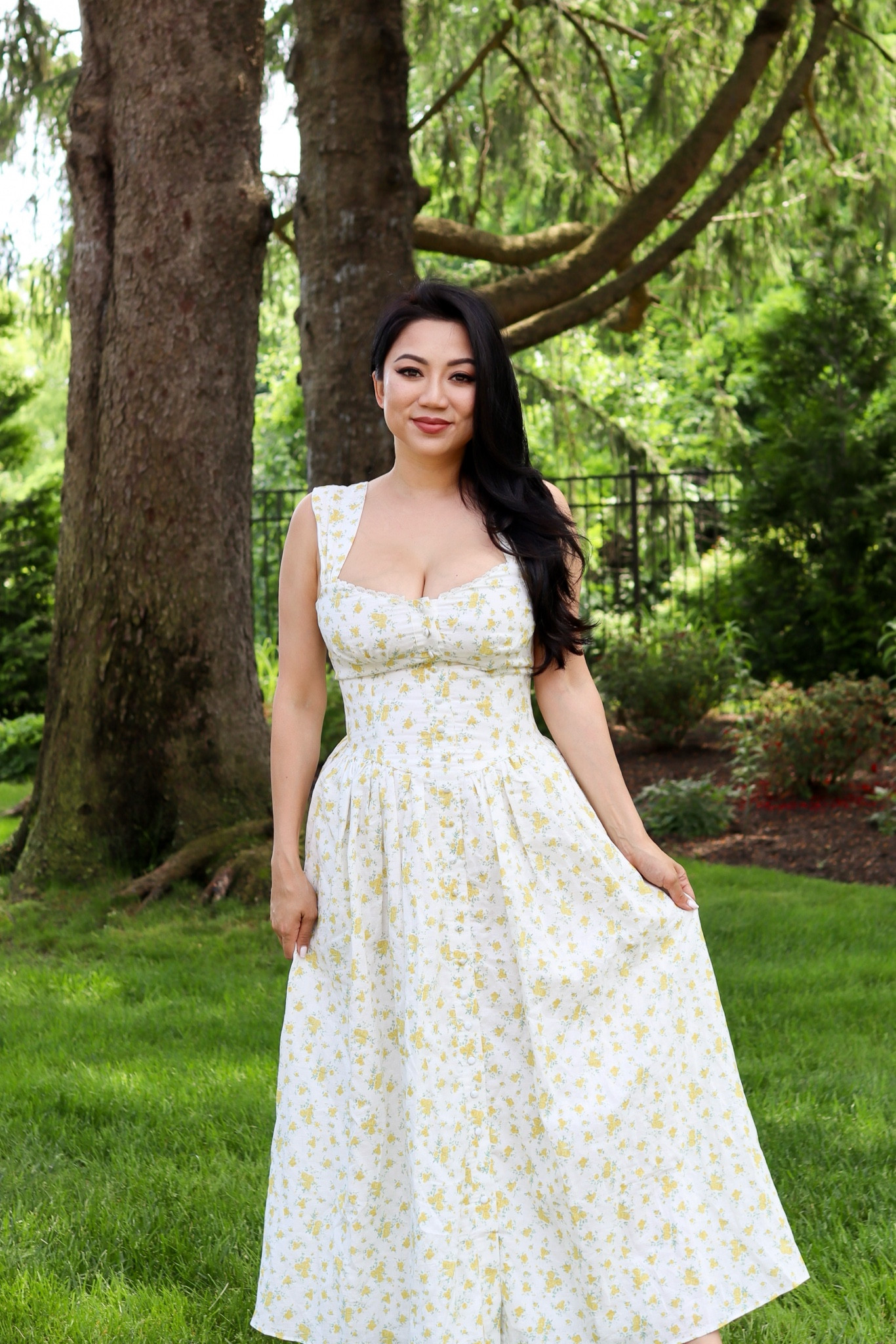 Malea Midi Dress by Bardot // Summery yellow floral milkmaid dress with contoured bodice, sweetheart neckline with lace trim, wide straps, and side slip pockets. I’m wearing size 4. Available on Revolve.

#LTKParties #LTKOver40 #LTKStyleTip