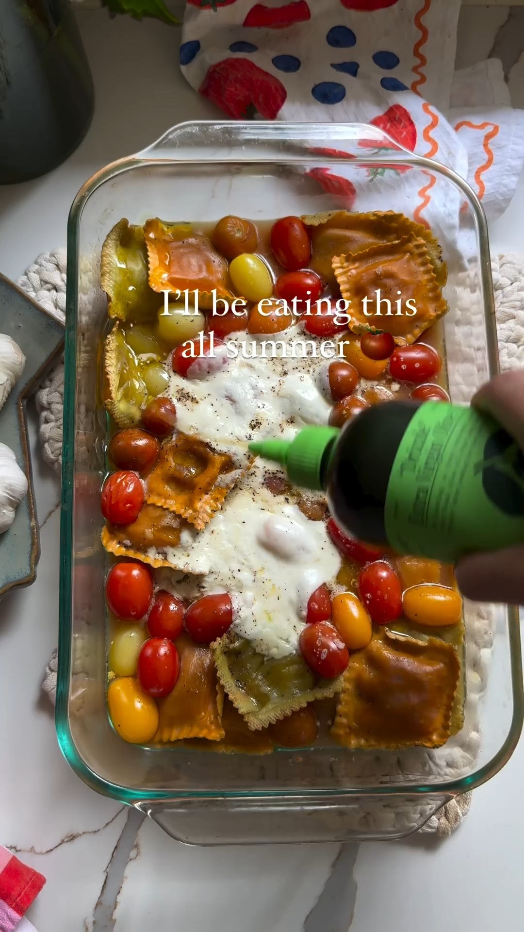 Burrata ravioli 💛

I still remember the first time I tried burrata and it was love at first sight. This meal has only 5 components and is such an easy weeknight or weekend summer meal 🍽️ love this one!

2 packages of ravioli, around 17 oz/500g. Whatever flavor you like! 
1 cup of chicken broth. Don’t add too much, the ravioli is already soft.
1 pint cherry tomatoes 🍅 
1 ball of burrata cheese 🧀
Olive oil 

1. Add ravioli to oven oven safe tray, pour over broth and add cherry tomatoes. Break open burrata cheese and place on top. Add salt and pepper.
2. Bake in oven for about 20-30 minutes, at 375F, until pasta is al dente and tomatoes are starting to burst. Alternatively if you want your tomatoes to be more saucy you can bake these in the oven 15 minutes prior to adding the burrata. Remove from oven and drizzle with olive oil, mix and serve.