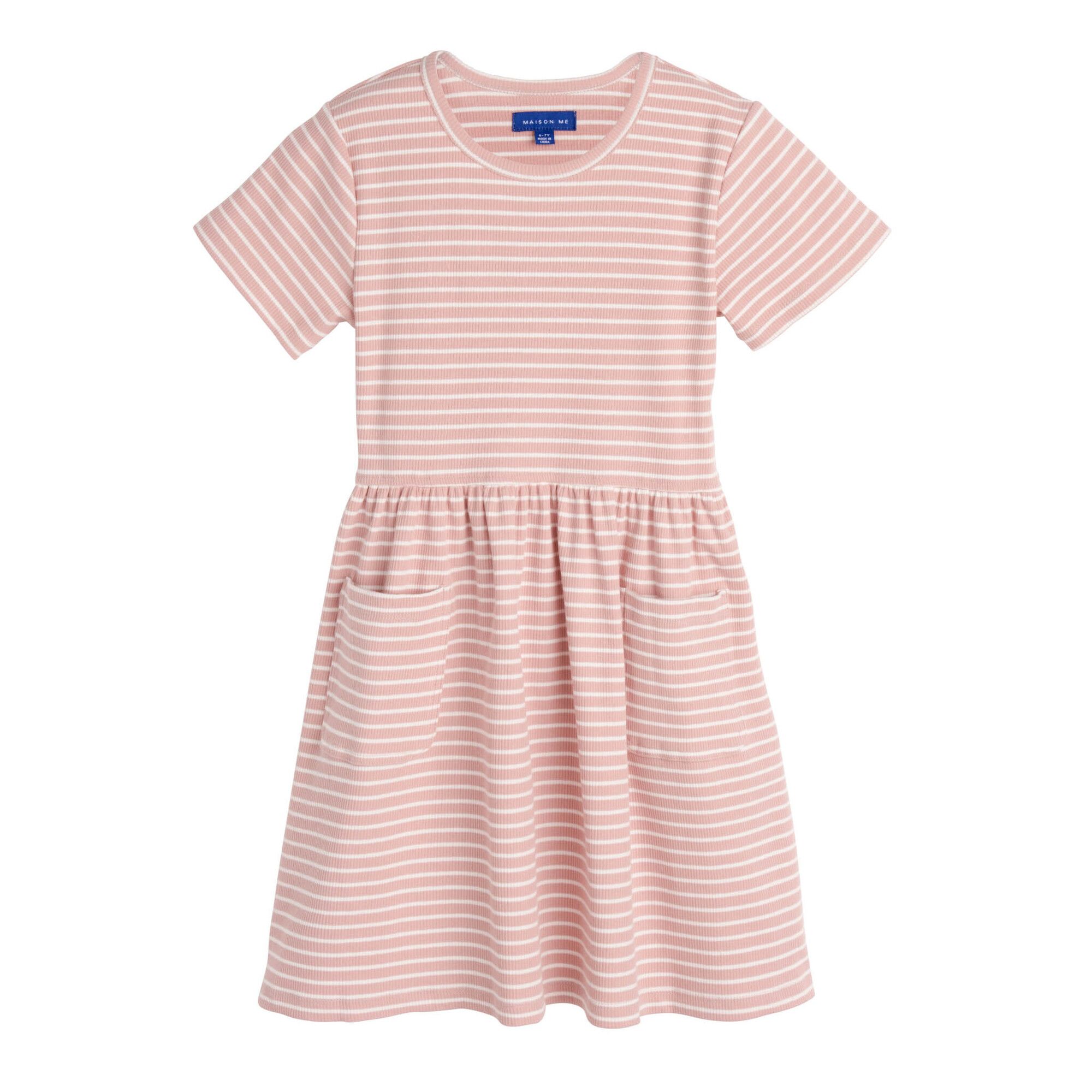 Marla Short Sleeve Ribbed Dress, Dusty Rose & White | Maisonette