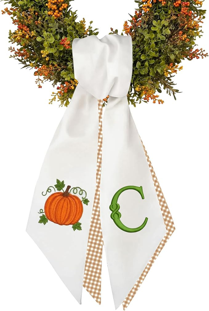 Fall Wreath Sash with Personalized Letter Monogram, Embroidered Initial Pumpkin Bow, Linen Plaid ... | Amazon (US)