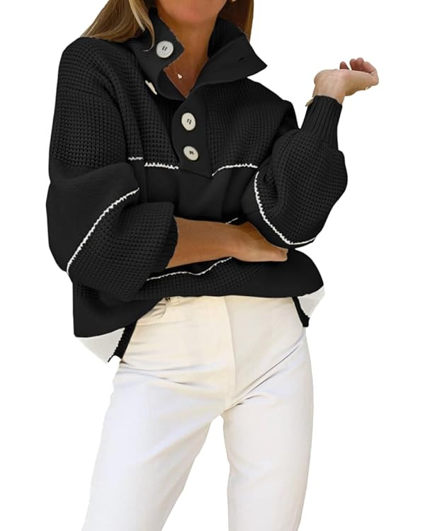 chouyatou Women's Slouchy Waffle Knit Sweater 1/2 Button Polo Collared Pullover Striped Sweater T... | Amazon (US)