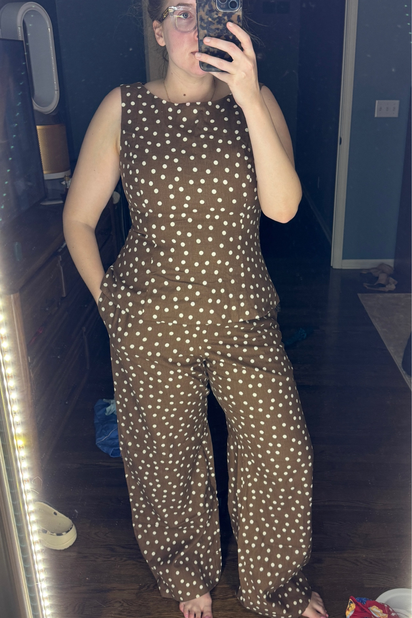 Wearing a L and L tall in the bottoms
