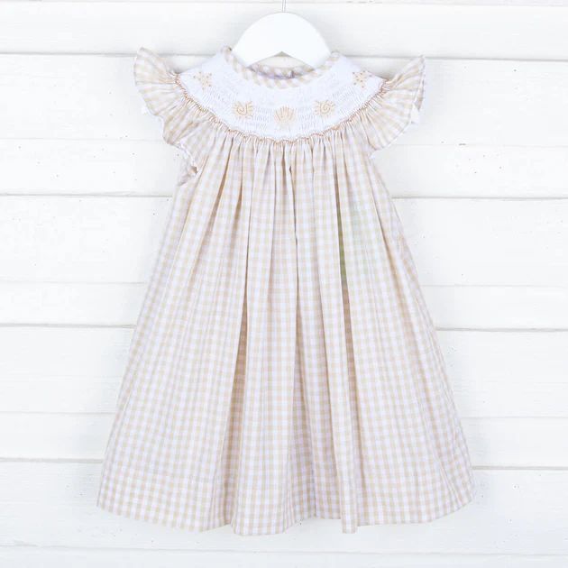 Seashells Smocked Tan Gingham Dress | Classic Whimsy