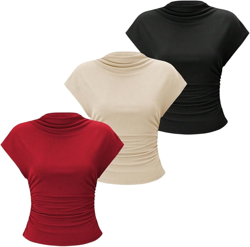 OYOANGLE Women's 3 Pack Mock Neck Cap Sleeve T Shirts Ruched Ribbed Knit Fitted Summer Tee Tops | Amazon (US)