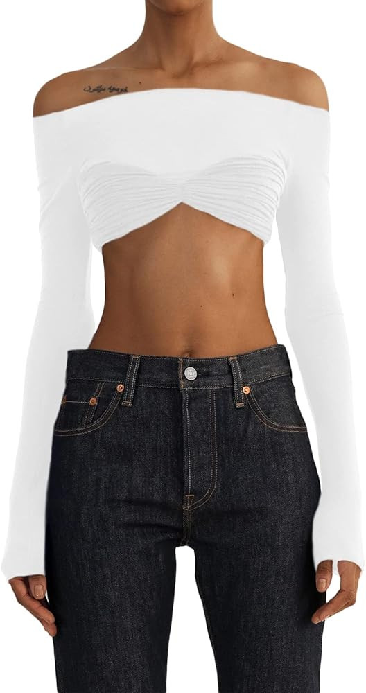 Women’s Crop Tops Y2K Off Shoulder T-Shirts Long Sleeve Sexy See Through Mesh Sheer Skinny Slim... | Amazon (US)