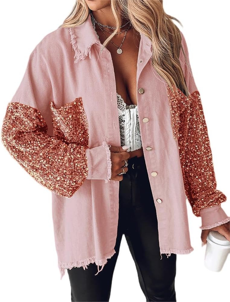 CHICME Womens Denim Jacket 2025 Sequin Patchwork Long Sleeve Jackets Top Button Front Oversized D... | Amazon (US)