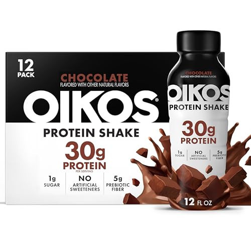 Oikos Protein Shake, Chocolate, 30g High Protein Drinks, Shelf Stable, Ready to Drink, 5g Prebiotic Fiber, 12 fl oz Bottle, 12 Count​ | Amazon (US)