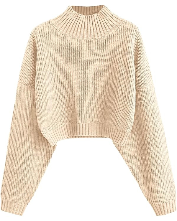 ZAFUL Women's Cropped Turtleneck Sweater Lantern Sleeve Ribbed Knit Pullover Sweater Jumper | Amazon (US)