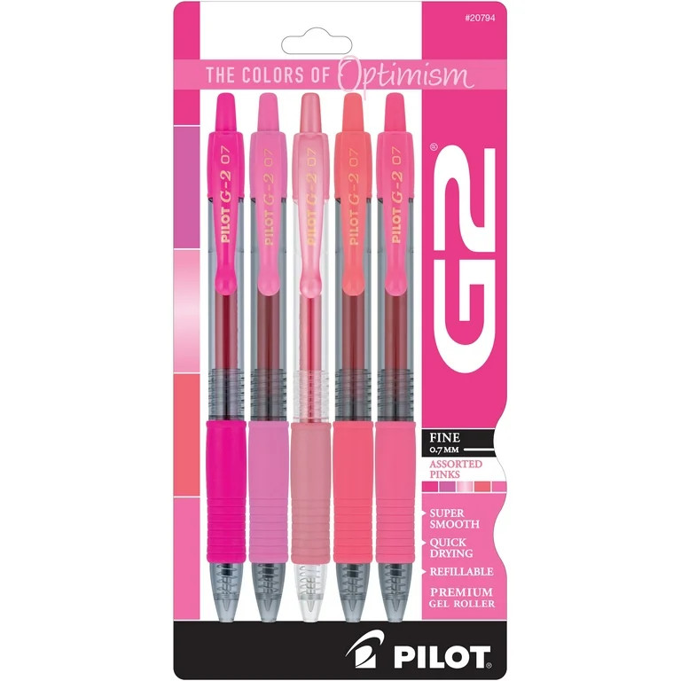 Pilot G2 Pink Premium Retractable Gel Pens, Fine Point, 0.7 mm, Assorted Colors, 5 Count | Walmart (US)