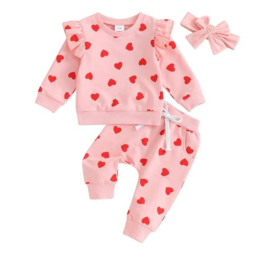 BeQeuewll Toddler Baby Girl Valentines Outfit Matching Sets Long Sleeve Heart Sweatshirt Jogger Pants Headband 3Pcs (Full Heart-Pink, 2-3 Years) | Amazon (US)