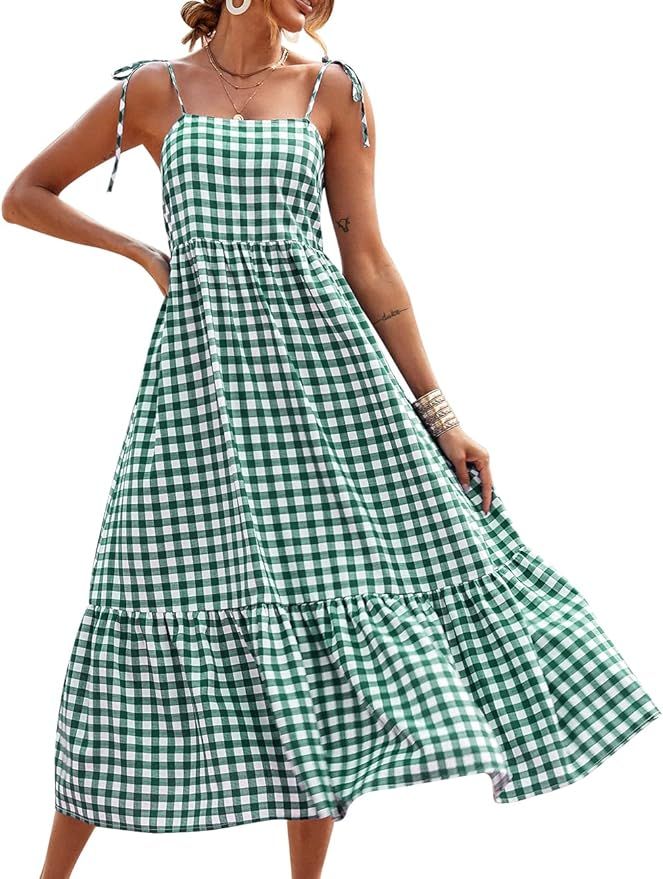 PRETTYGARDEN Summer Dress for Women Plaid Spaghetti Strap Square Neck Tiered Ruffle Flowy Maxi Dr... | Amazon (US)