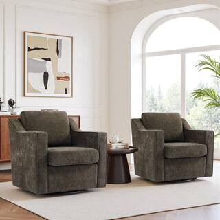Uixe Modern Light Coffee Chenille Upholstered Swivel Accent Barrel Chair with Metal Base (Set of ... | The Home Depot