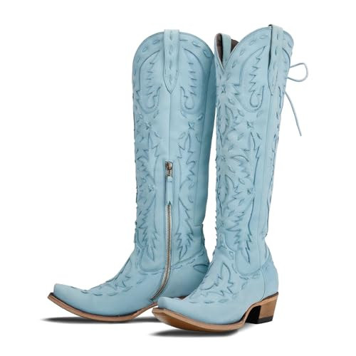 XEYANFYS Cowboy Boots for Women Pointed Toe Side Zipper Knee High Cowgirl Boots Back Lace up Chunky Heel Western Boots for Women Blue | Amazon (US)