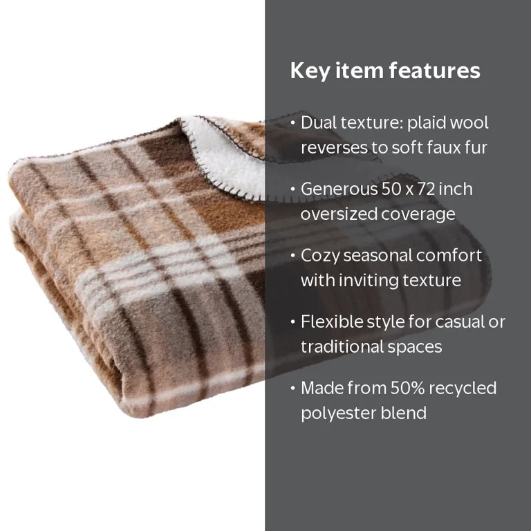 Better Homes & Gardens Brown Plaid Faux Wool Reverse to Faux Fur Throw, 50" x 72" | Walmart (US)