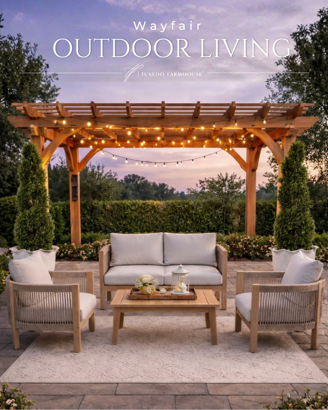 I love how the soft cushions + natural wood tones keep everything feeling elevated but still relaxed. And those spiral topiaries in the white planters? The perfect finishing touch 🌿

Everything is linked here for you to recreate this look just in time for outdoor season 🤍 #LTKhome #LTKspring #LTKoutdoor 

 