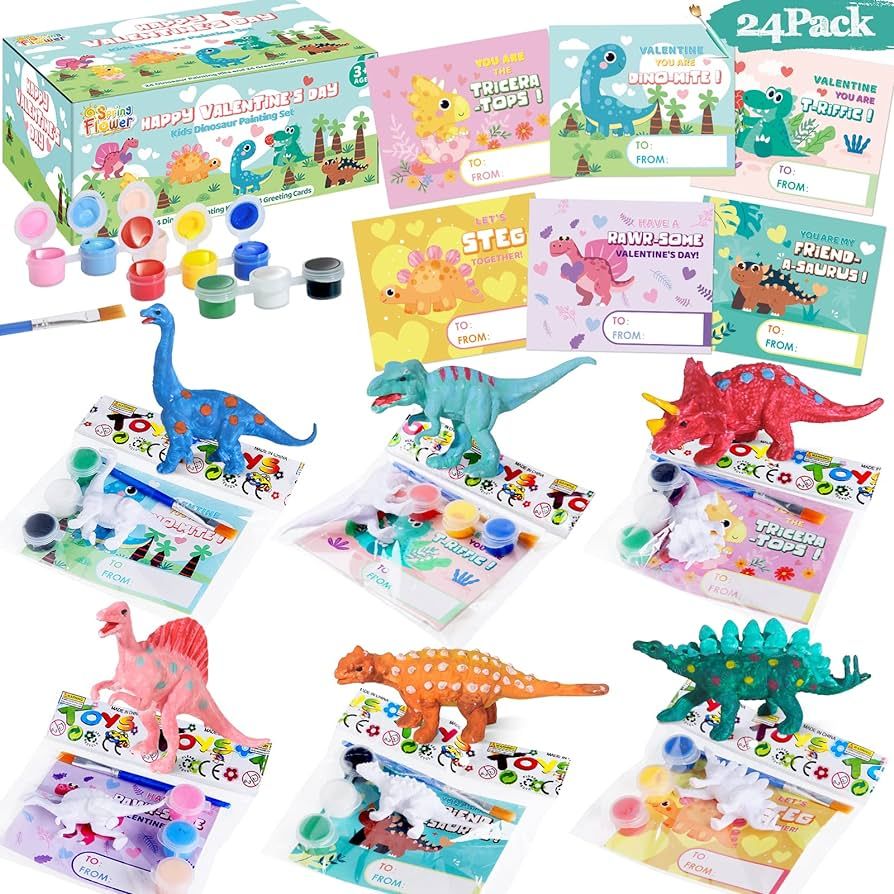 SpringFlower 24 Pack Valentine's Day Cards for Kids with Dinosaur Painting Kit for School Classro... | Amazon (US)