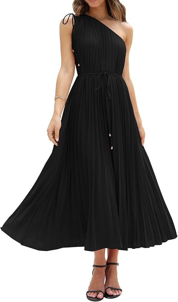 BTFBM Women's Drawstring One Shoulder Maxi Dresses Summer Sleeveless Tie Waist Pleated Long Flowy... | Amazon (US)