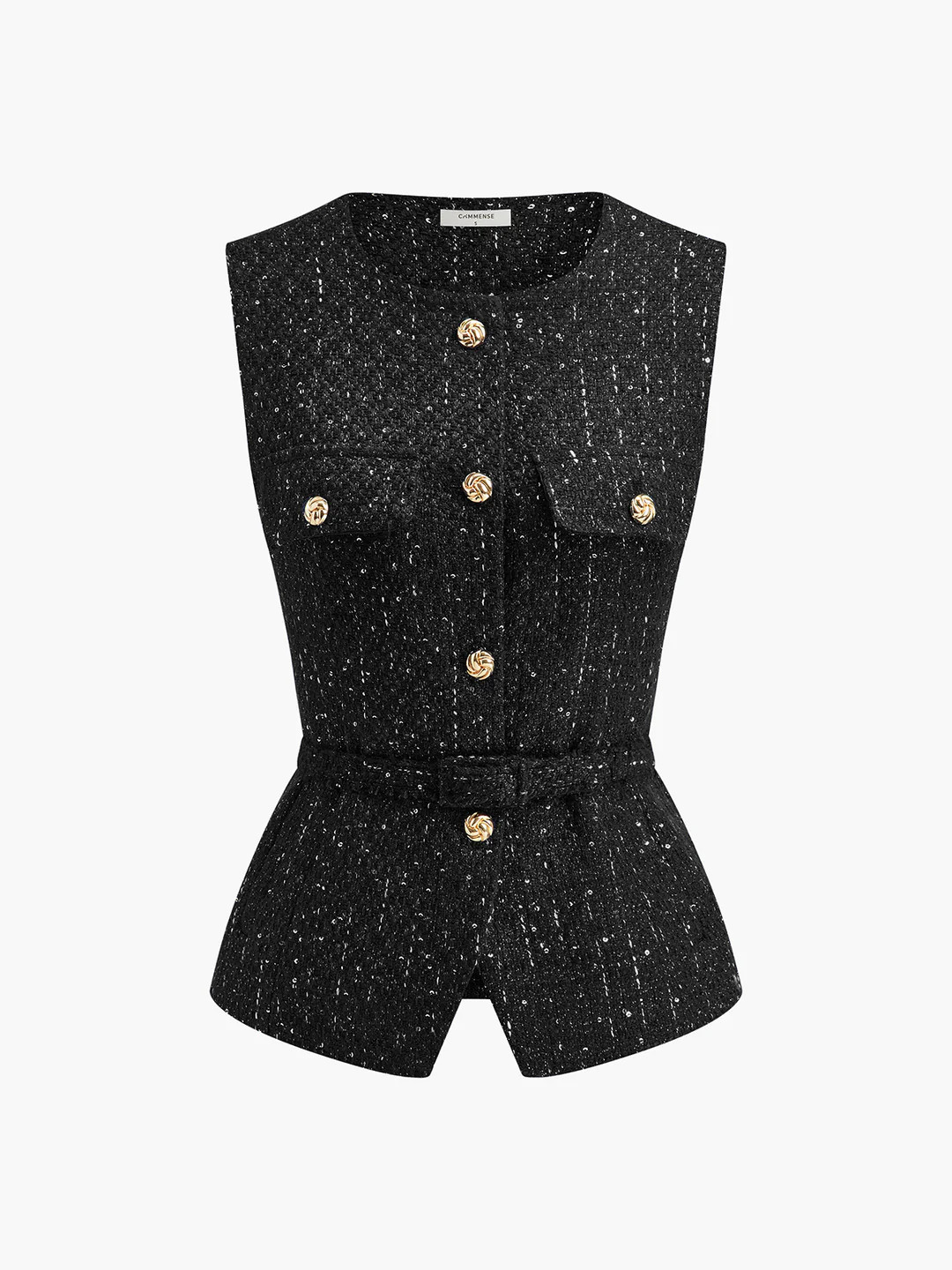 Sequins Button Belted Tweed Vest | Commense