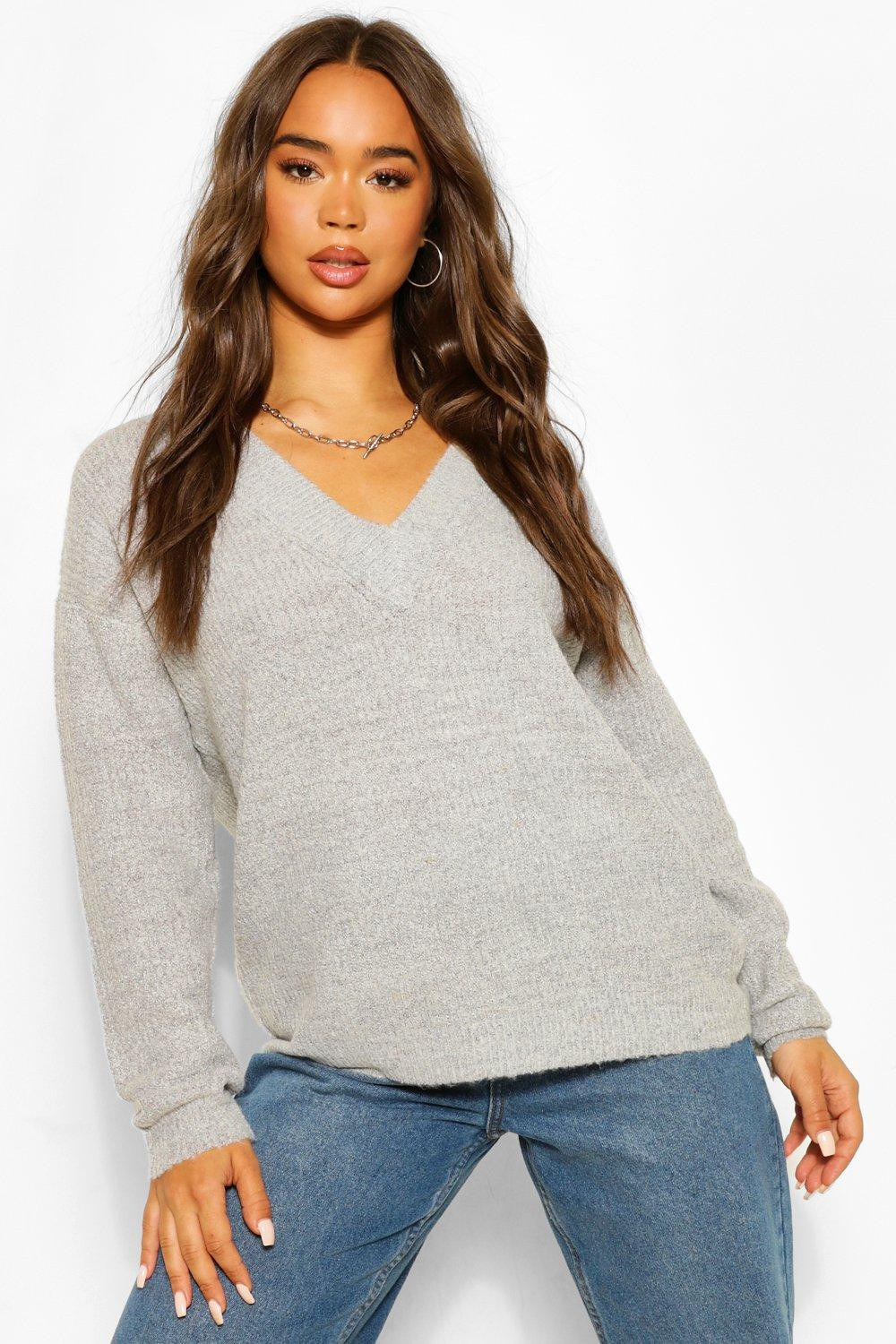 Womens Fisherman V Neck Sweater - Grey - L | Boohoo.com (US & CA)