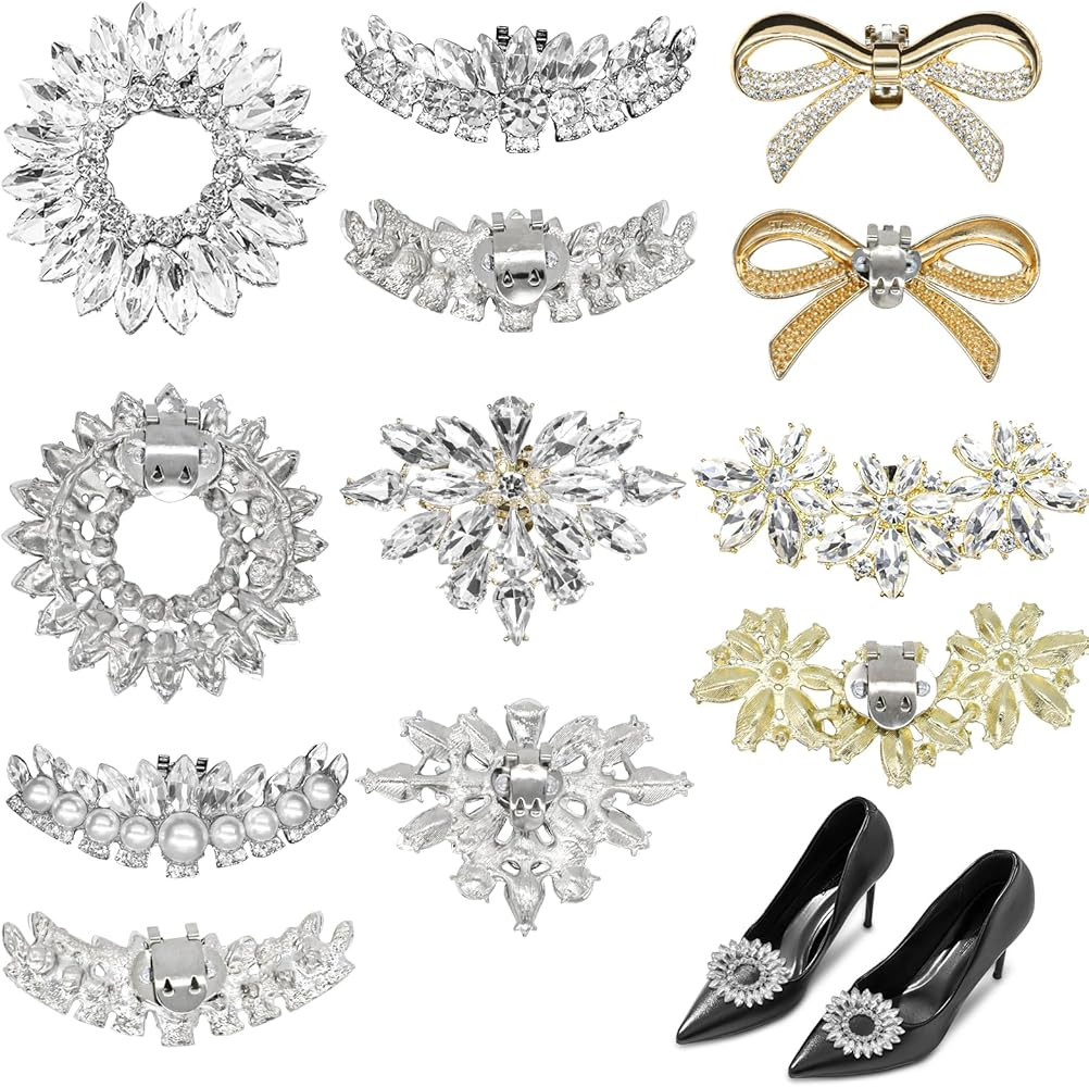 12 Pcs Rhinestone Shoe Clips, Crystal Bow Shoes Clips with Detachable Buckles, Elegant Pearl Shoe... | Amazon (US)