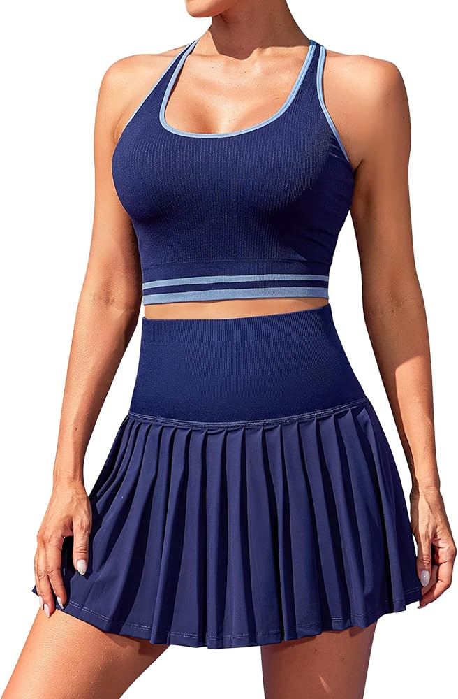 ATTRACO 2 Piece Tennis Dresses for Women High Waisted Pleated Skirt Sets Seamless Colorblock Golf... | Amazon (US)