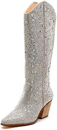 MUCCCUTE Women's Rhinestone Cowboy Boots Cowgirl Western Boots Sparkly Pointed Toe Side Zipper Kn... | Amazon (US)