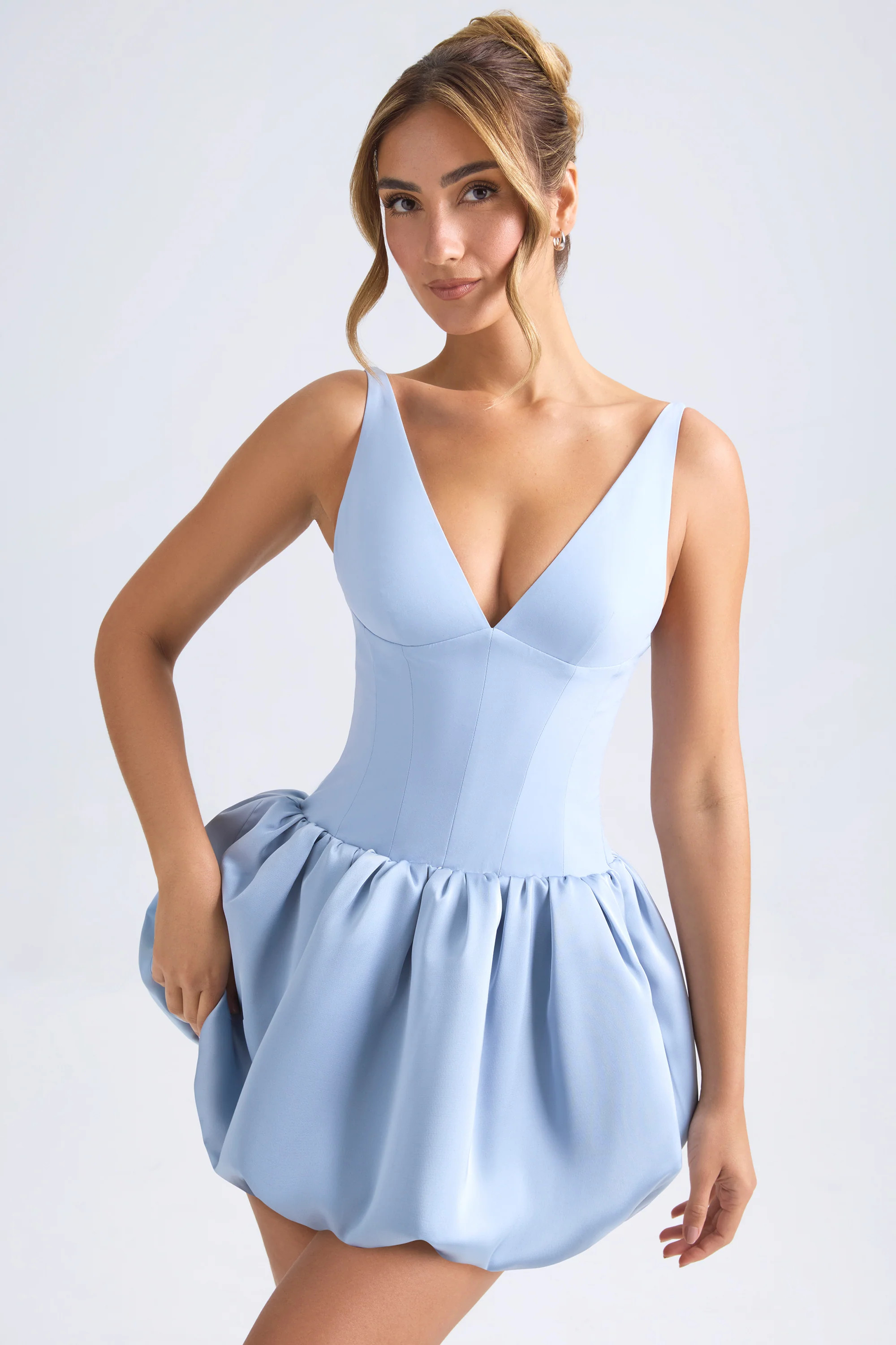 Lace-Up Bubble Hem Corset Micro Mini Dress in Light Blue | Oh Polly
