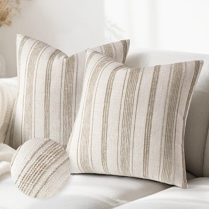 AELS 18x18 Decorative Farmhouse Linen Throw Pillow Covers, Beige with Brown Chenille Striped Pill... | Amazon (US)