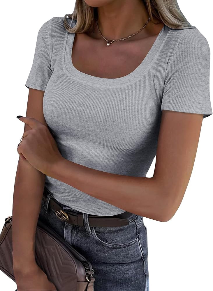 Roselux Women's Summer Scoop Neck Short Sleeve T-Shirts Ribbed Knit Slim Fitted Casual Basic Top ... | Amazon (US)