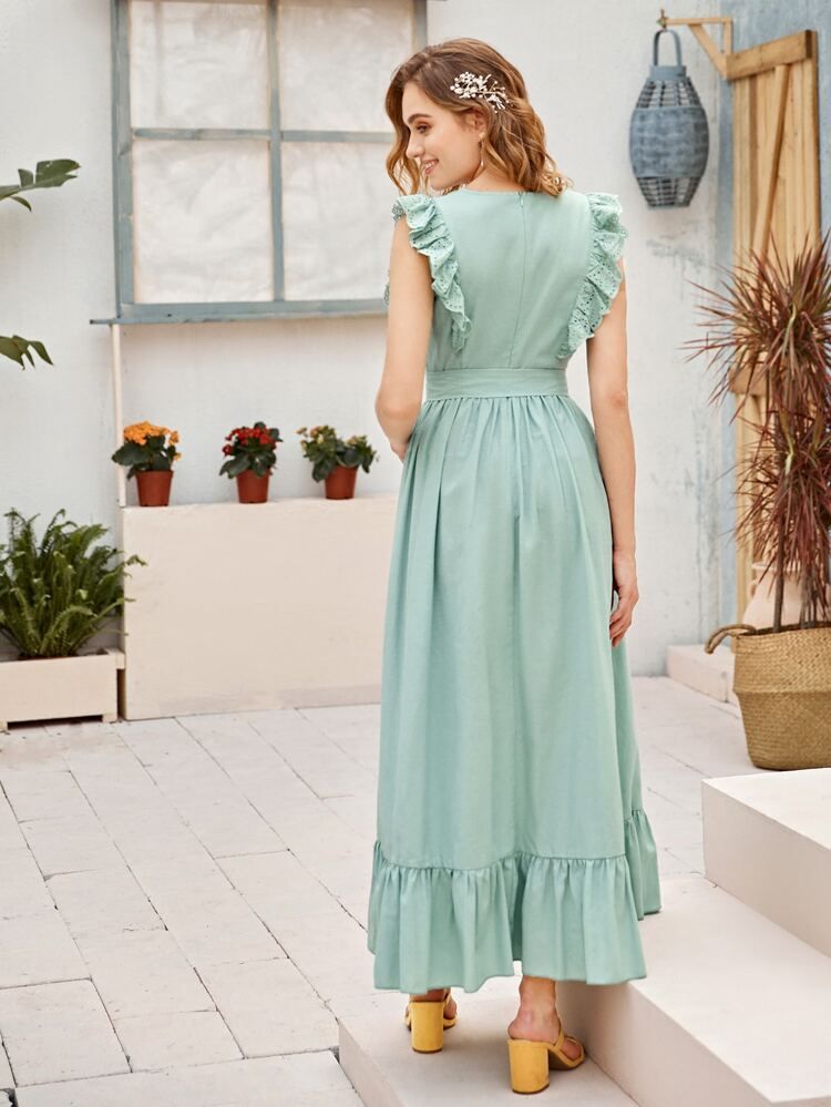 Eyelet Embroidered Butterfly Sleeve Ruffle Hem Belted Dress | SHEIN