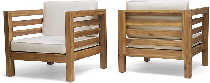 GDFStudio Louise Outdoor Acacia Wood Club Chairs with Cushions (Set of 2), Teak Finish and Beige | Amazon (US)