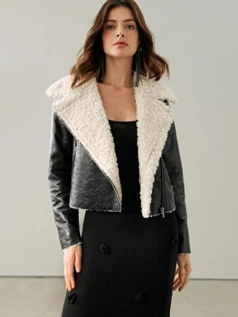 Anewsta Chaqueta corta de mujer con cuello vuelto, bloque de color y bolsillos dobles a la moda | SHEIN
