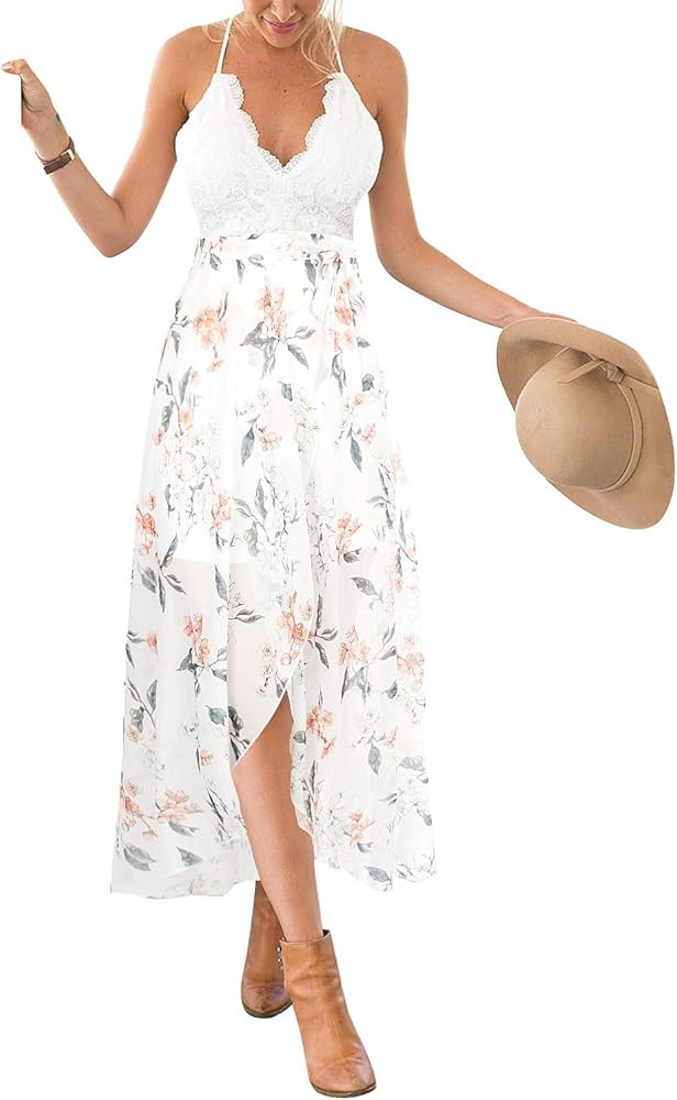 Blooming Jelly Women's Deep V Neck Sleeveless Summer Asymmetrical Floral Maxi Dress | Amazon (US)