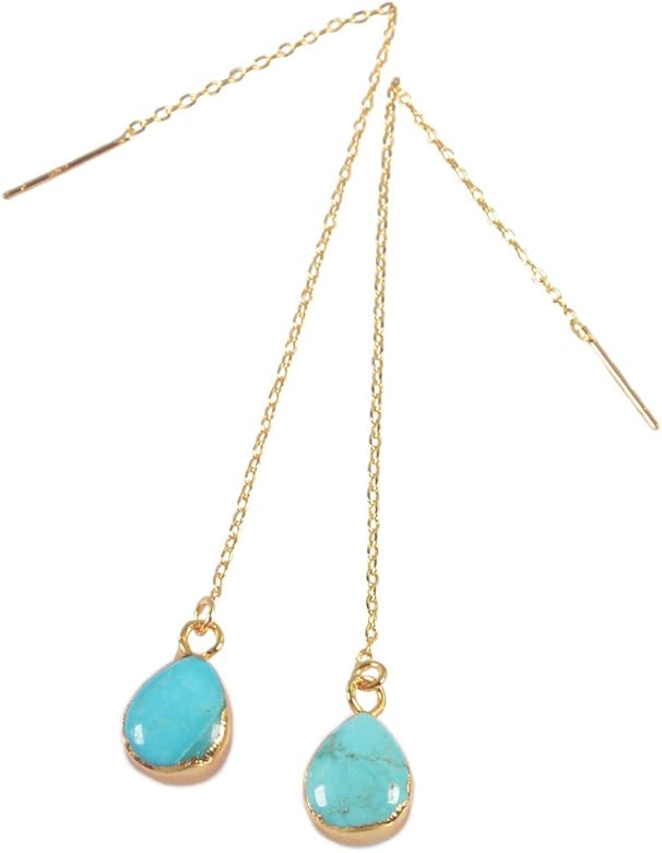 ZENGORI 1 Pair Gold Silver Plated Teardrop Natural Turquoise Ear Threader Drop Dangle Earrings 3.... | Amazon (US)