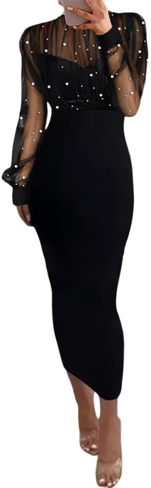 CHICME Women's Sexy Bodycon Midi Dress 2025 Mock Neck Long Sleeve Sheer Dresses Beaded Night Club... | Amazon (US)