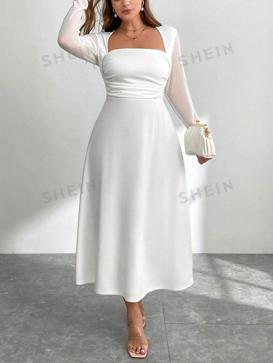 SHEIN Privé Plus Size Women's White Sleeveless A-Line Dress, Pleated Side Long Dress For Fall Ba... | SHEIN