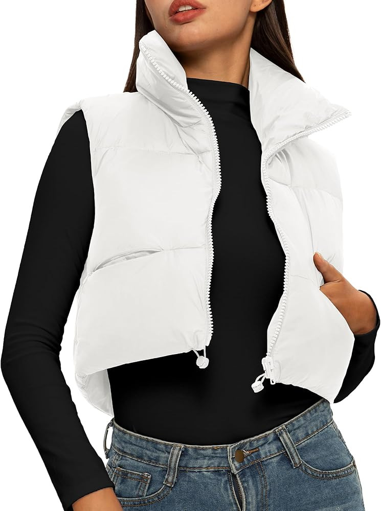 ELLEVEN Women's Cropped Puffer Vest with Pockets, High Stand Collar Crop Outerwear Lightweight Pa... | Amazon (US)