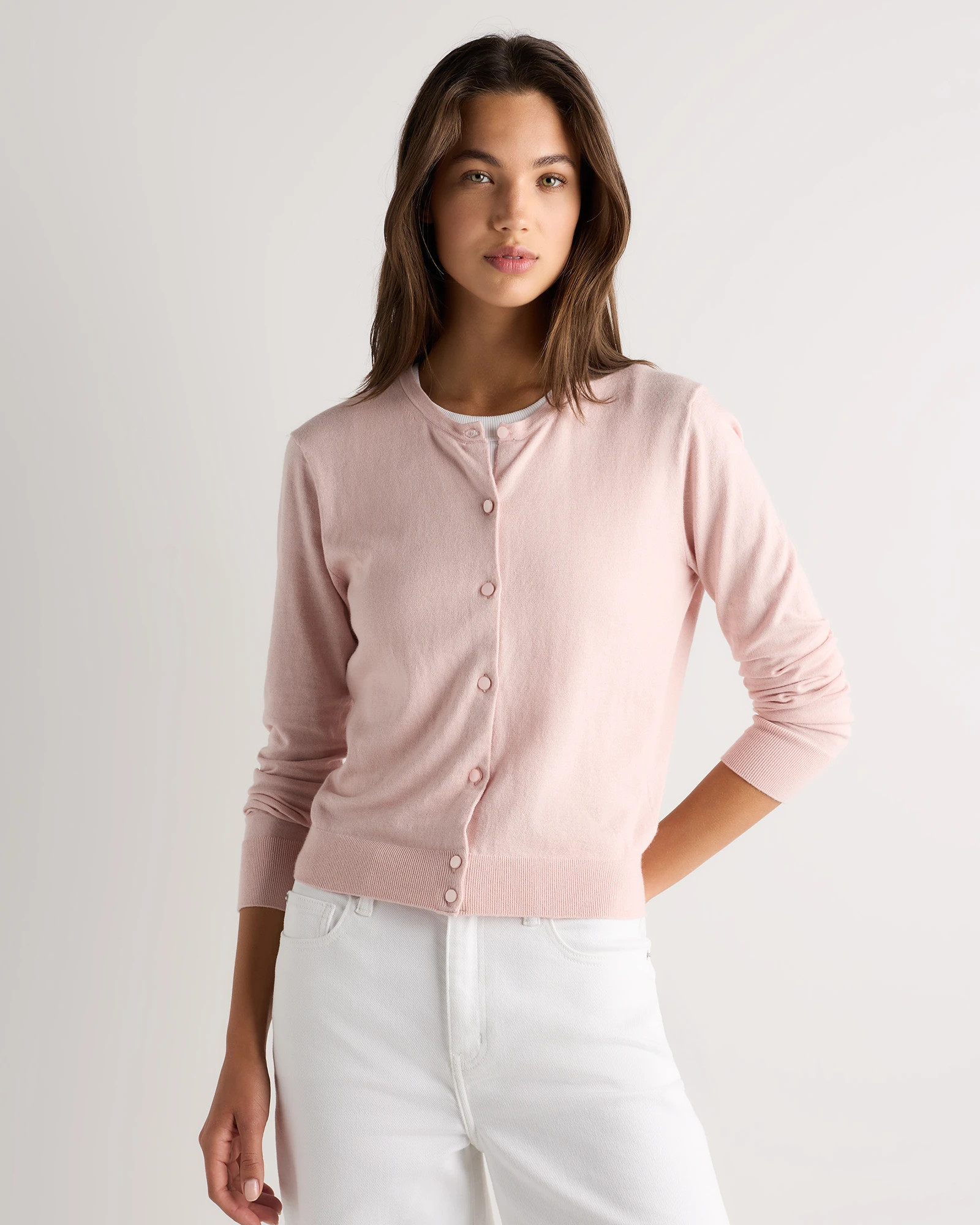 Quince | Women's Lightweight Cotton Cashmere Crew Cardigan Sweater in Sugar Stone, Size Medium | Quince