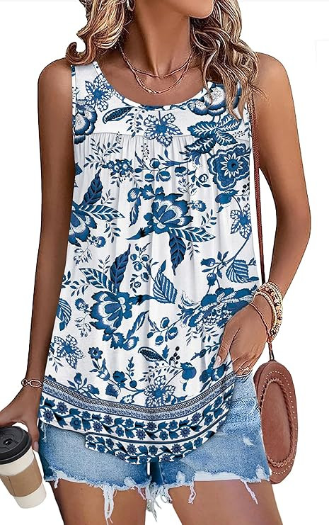 WEESO Tank Top for Women Summer Sleeveless Pleated Crewneck T Shirts Dressy Casual Beach Vacation... | Amazon (US)