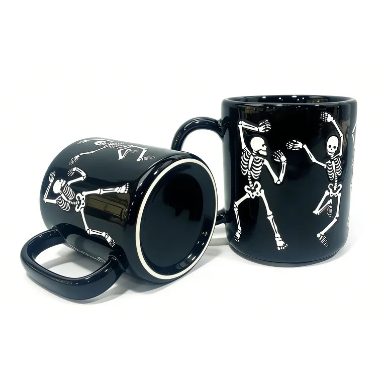 Way To Celebrate Halloween Black Dancing Skeleton Stoneware Mug Set, 2-Pack, 18.7 oz | Walmart (US)