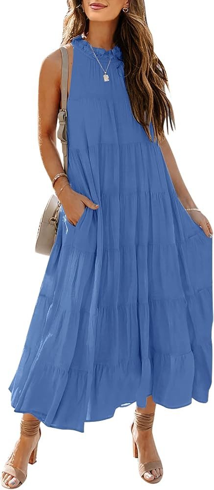 HAEOF Women's Summer Casual Sleeveless Halter Maxi Dress Pleated Tiered Flowy Beach Vacation Long... | Amazon (US)